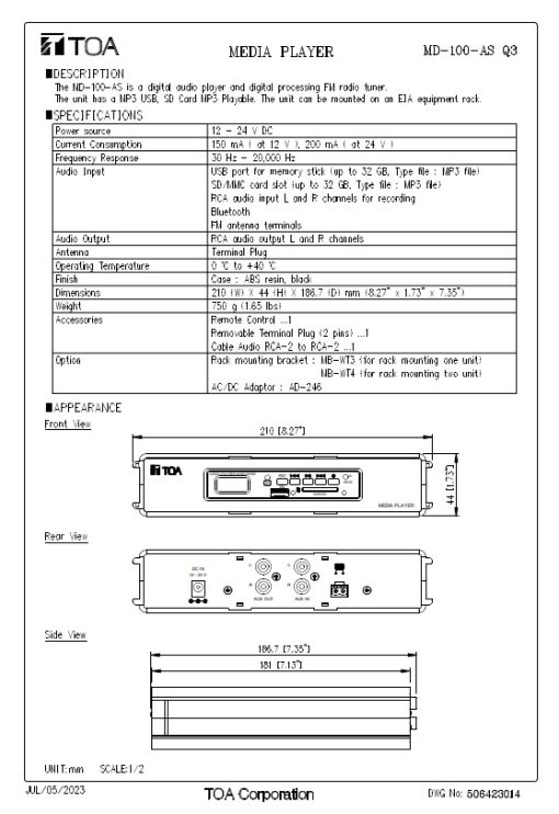 Đầu phát nhạc nền Toa MD-100-AS
